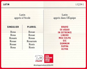 Quand l'équipe plaisante avec le latin... "Épargnez les cours de latin, lisez L'ÉQUIPE."